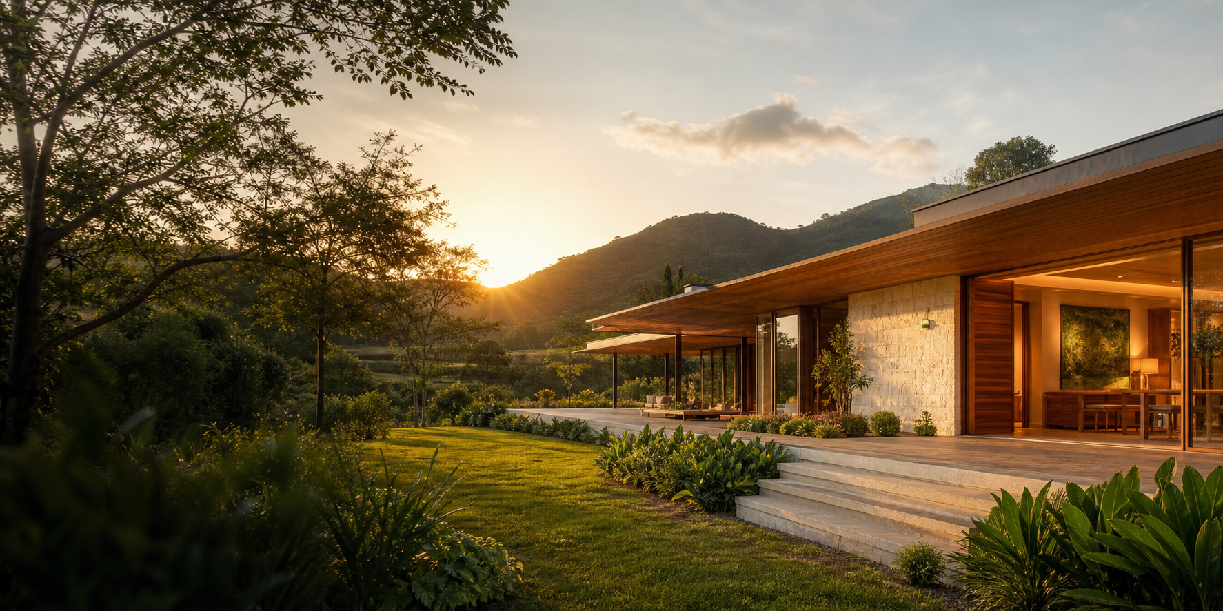 Residência contemporânea cercada por área verde